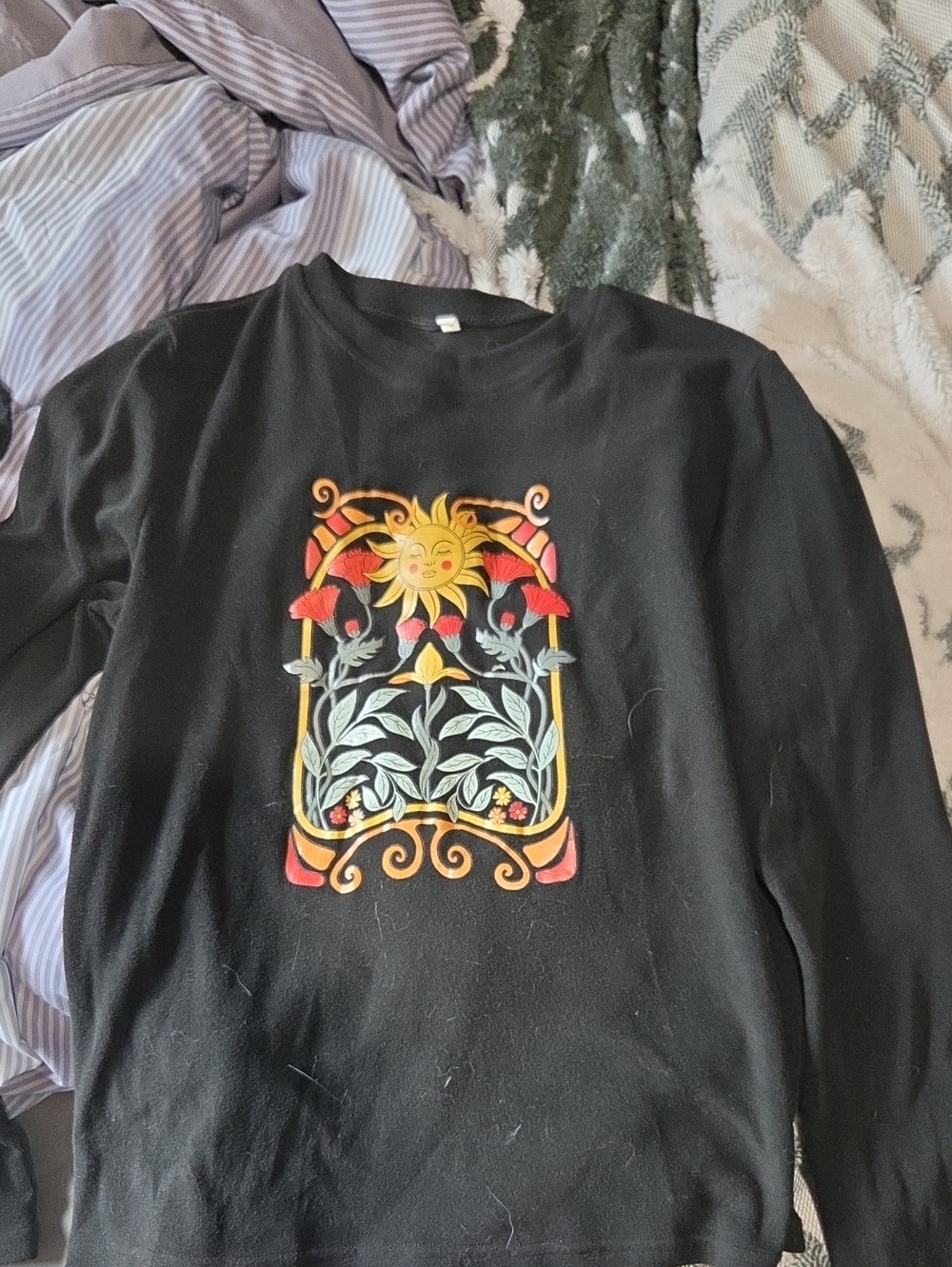 Black Graphic Crewneck Sweater with Sun & Floral Motif